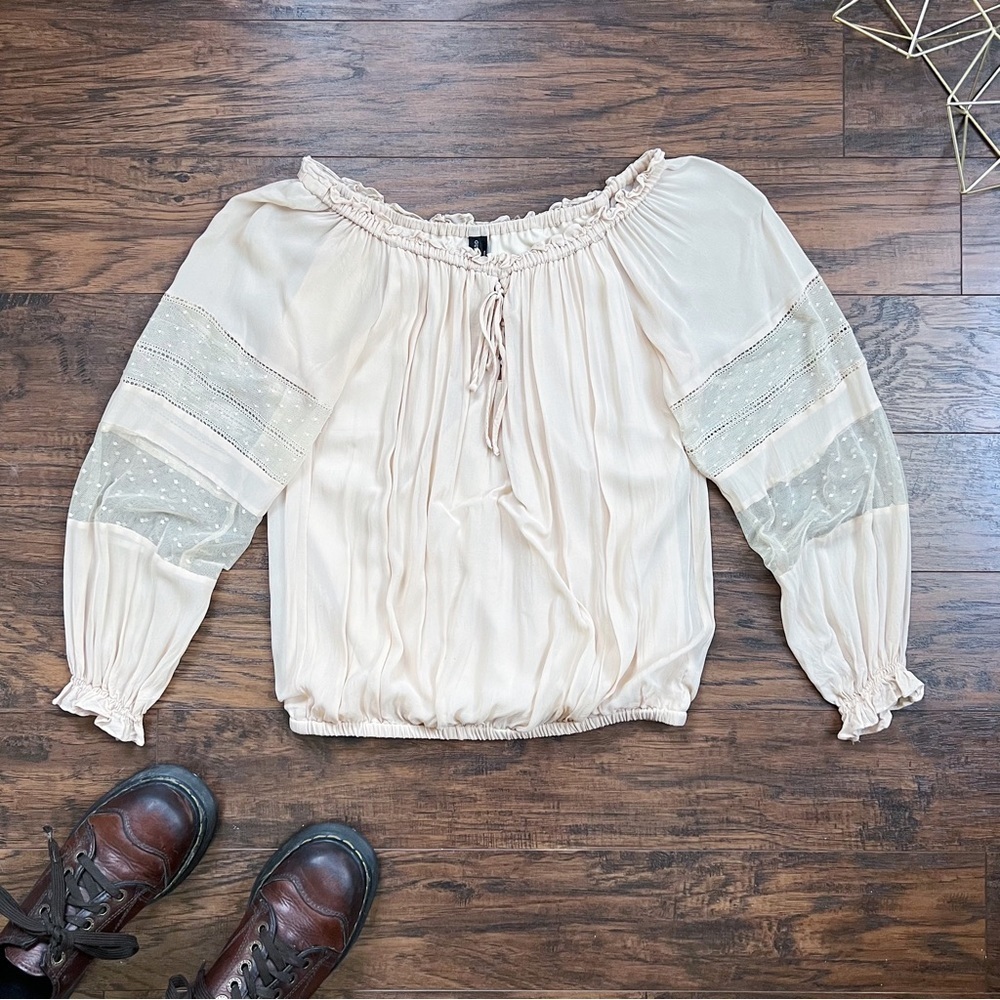 GUESS by Marciano • vintage peasant blouse top beige nude lace sheer boho